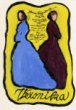 Dvě ženy v dlouhých šatech, kreslené písmo