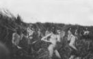 Skupina mužů s oštěpy ve vysoké trávě, těla mají natřená popelem, Nuerové