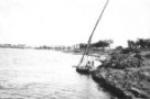 Plachetnice nagr kotvící u břehu s hromadou dříví