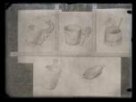 Črpáky, kresby malíře Mervarta" dva črpáky s dekorativně zdobenými uchy, dvě solničky, dlabaná miska: studie - perokresba