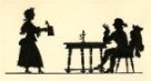 Žena nesoucí korbel muži u stolu - silueta